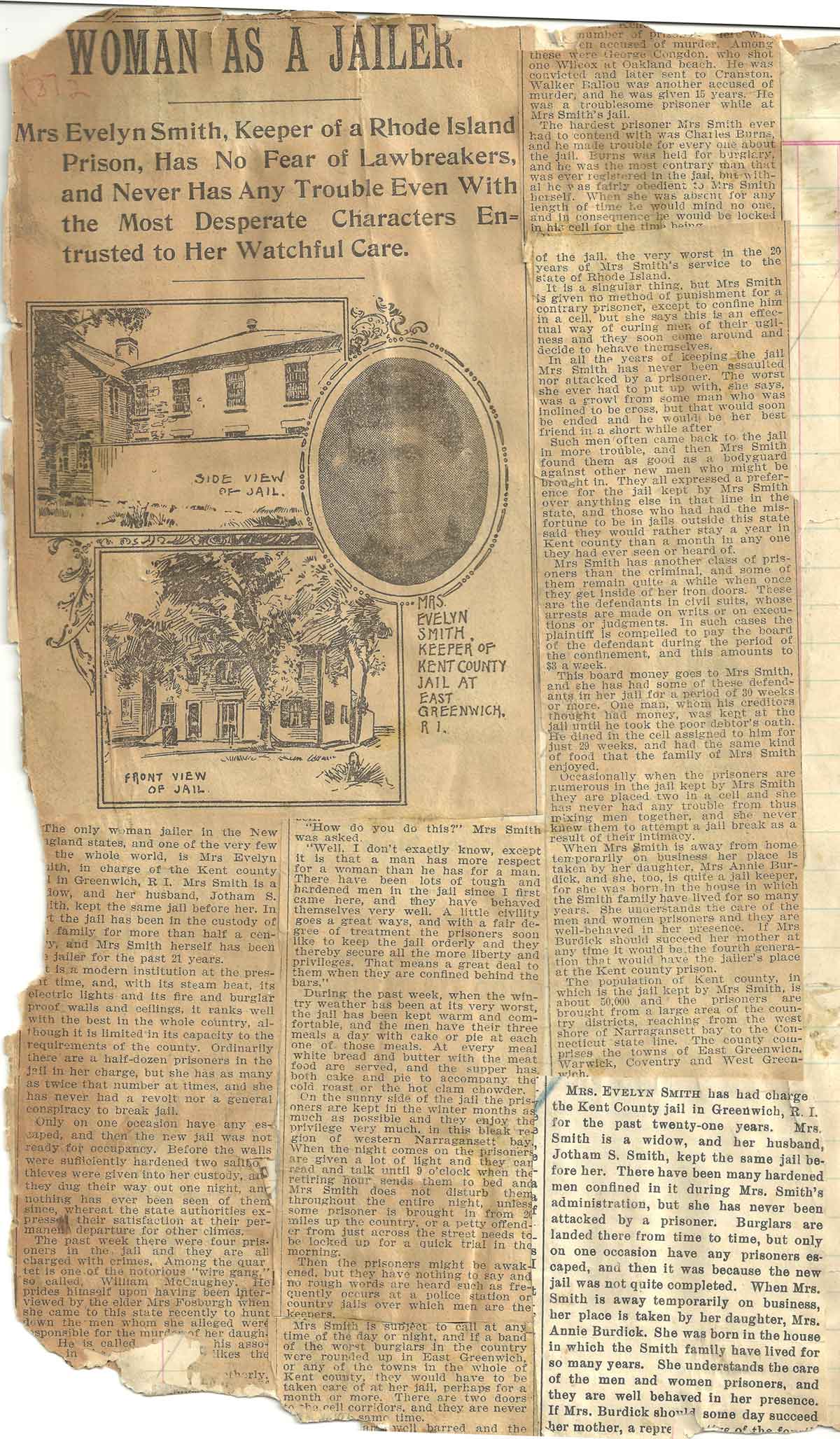 Scrapbook clipping about Mrs. Evelyn Smith, Keeper of a Rhode Island Prison.