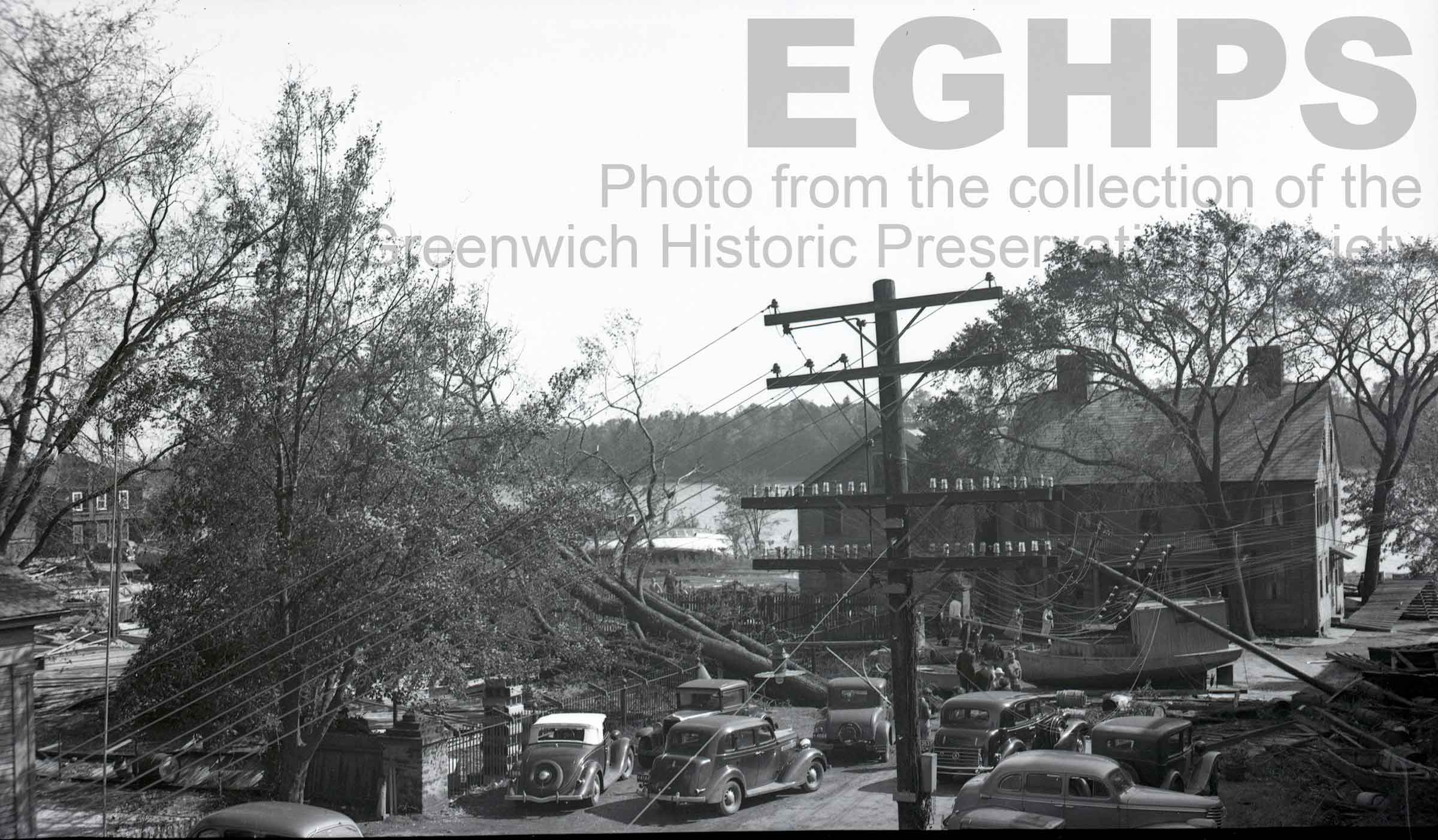 Hurricane damage in front of the Old Kent County Jail at 110 King Street, East Greenwich