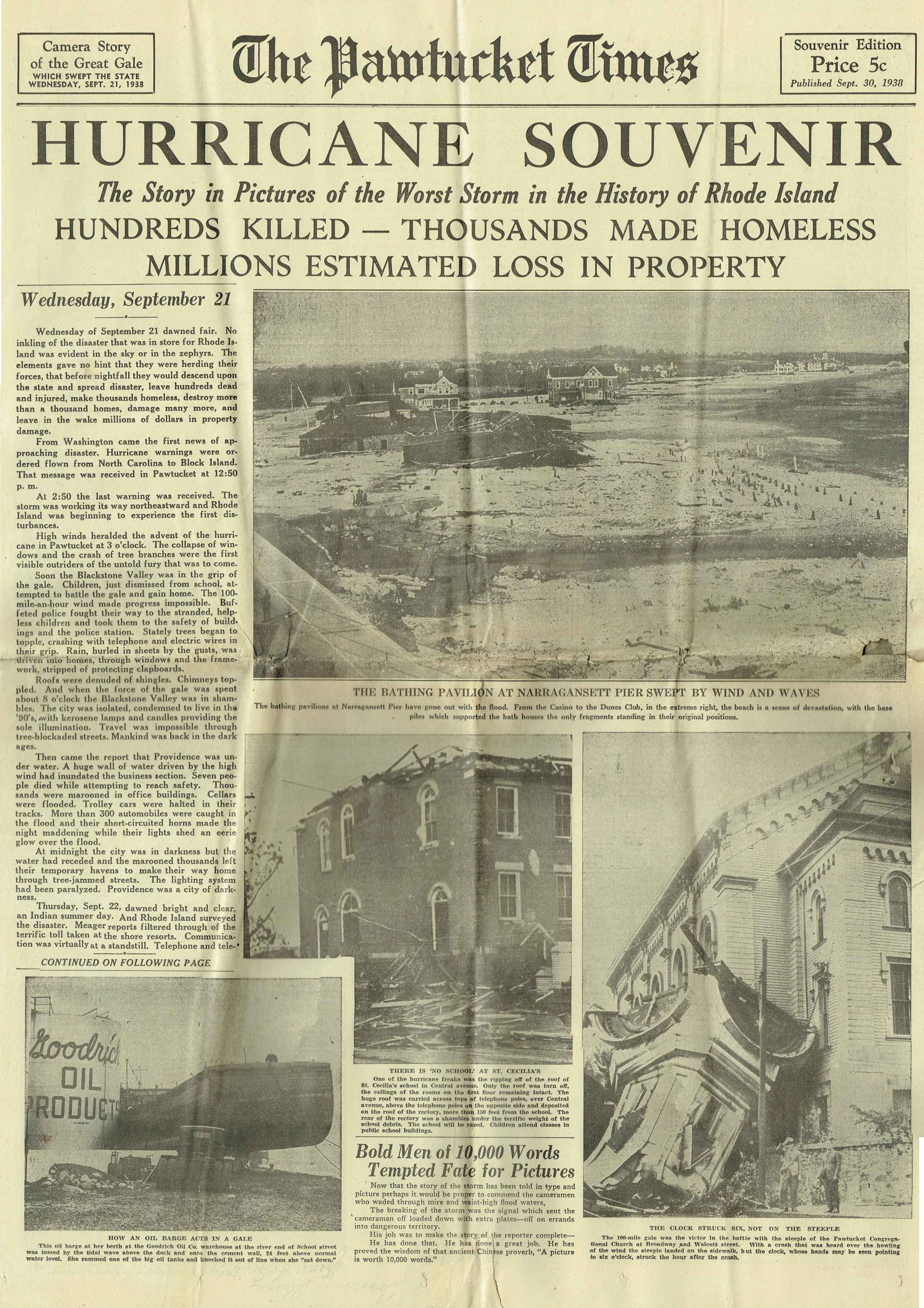 The Pawtucket Times: HURRICANE SOUVENIR, published Sept. 30, 1938 PAGE 1