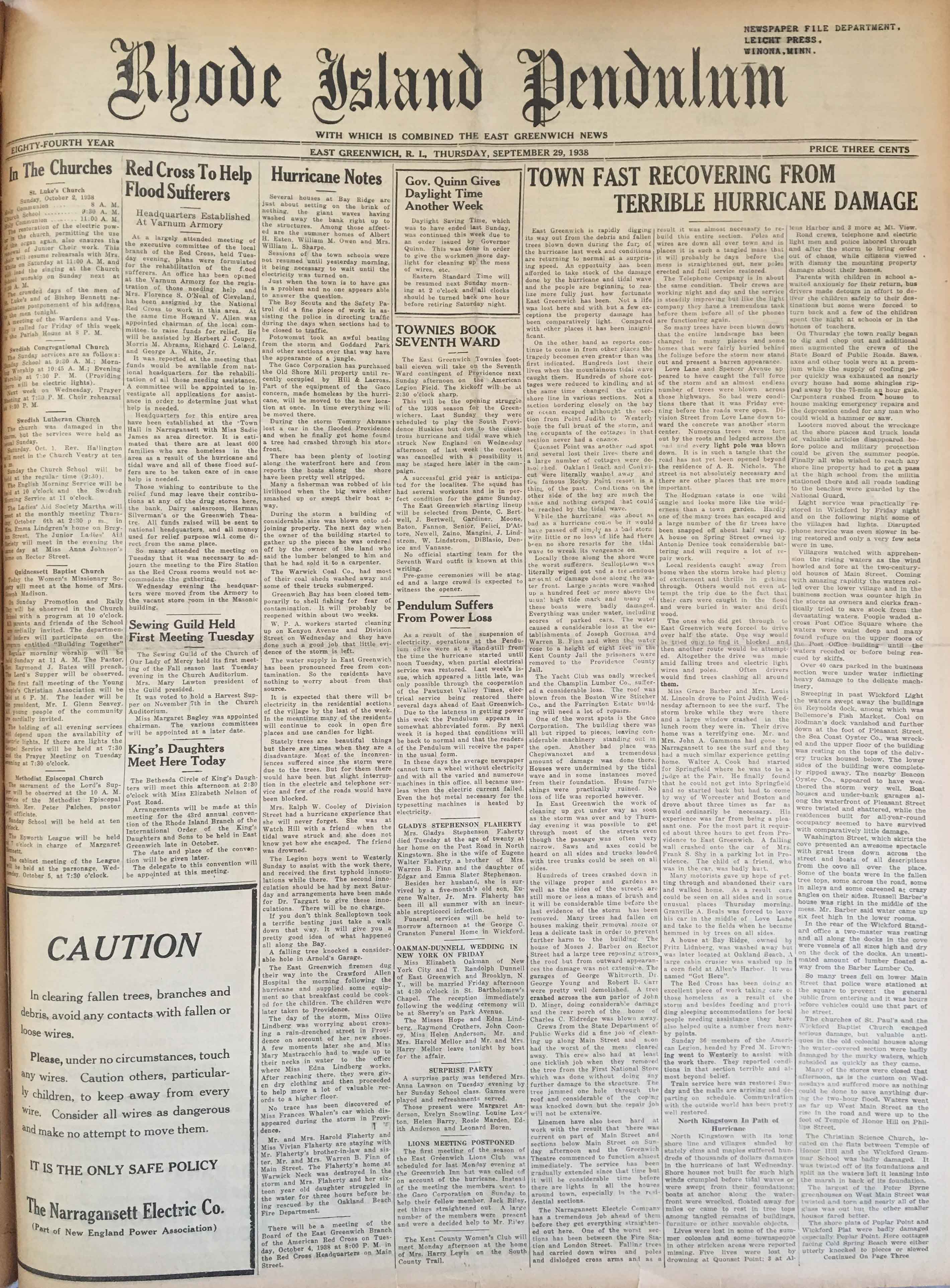  Rhode Island Pendulum Front Page published September 29, 1938