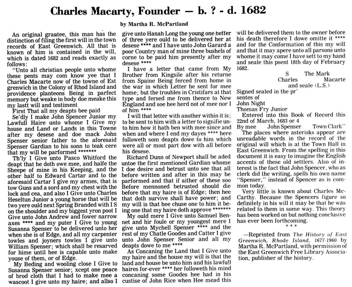 History of Charles Macarty from Martha McPartland
