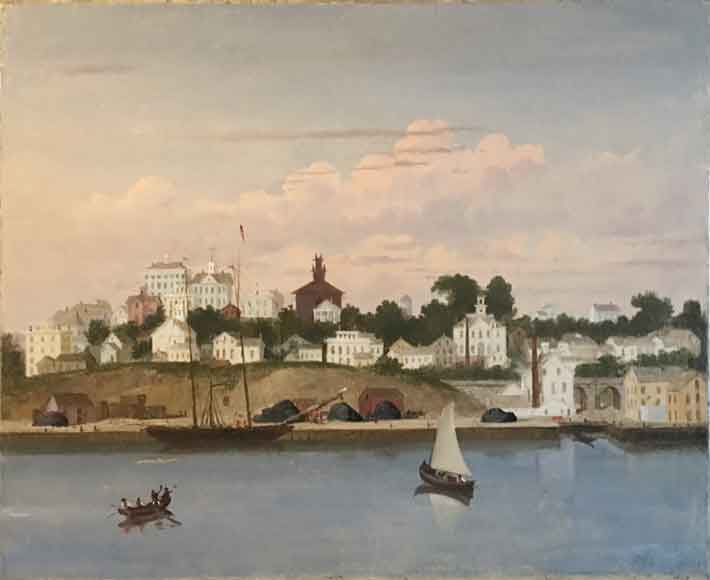 Dr. Greene's painting from the water looking at East Greenwich.